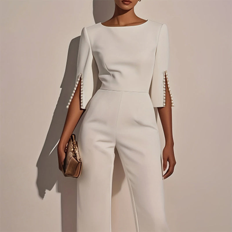 Women's Elegant Round Neck Jumpsuit - Mid-Sleeve With Side Slit Cuffs & Pearl Accents, Back Zipper Design For Casual To Formal Events