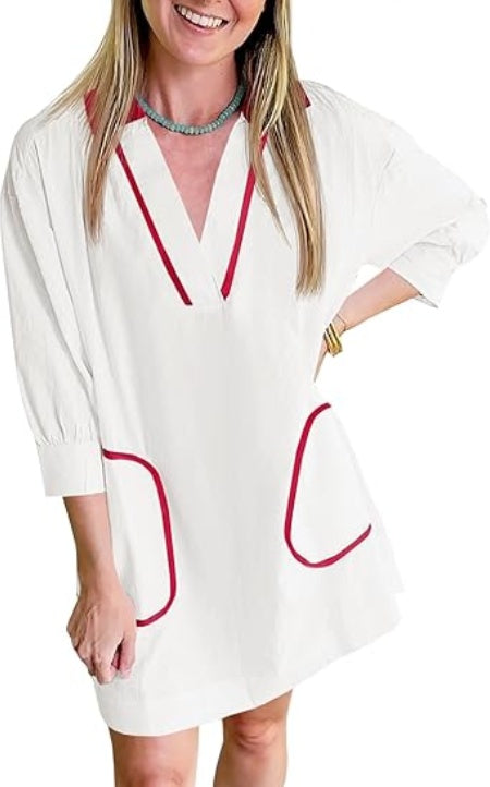 Saodimallsu Womens V Neck Swimsuit Coverup Sleeve Collar Color Block Oversized Cover Ups Mini Beach Dress With Pockets