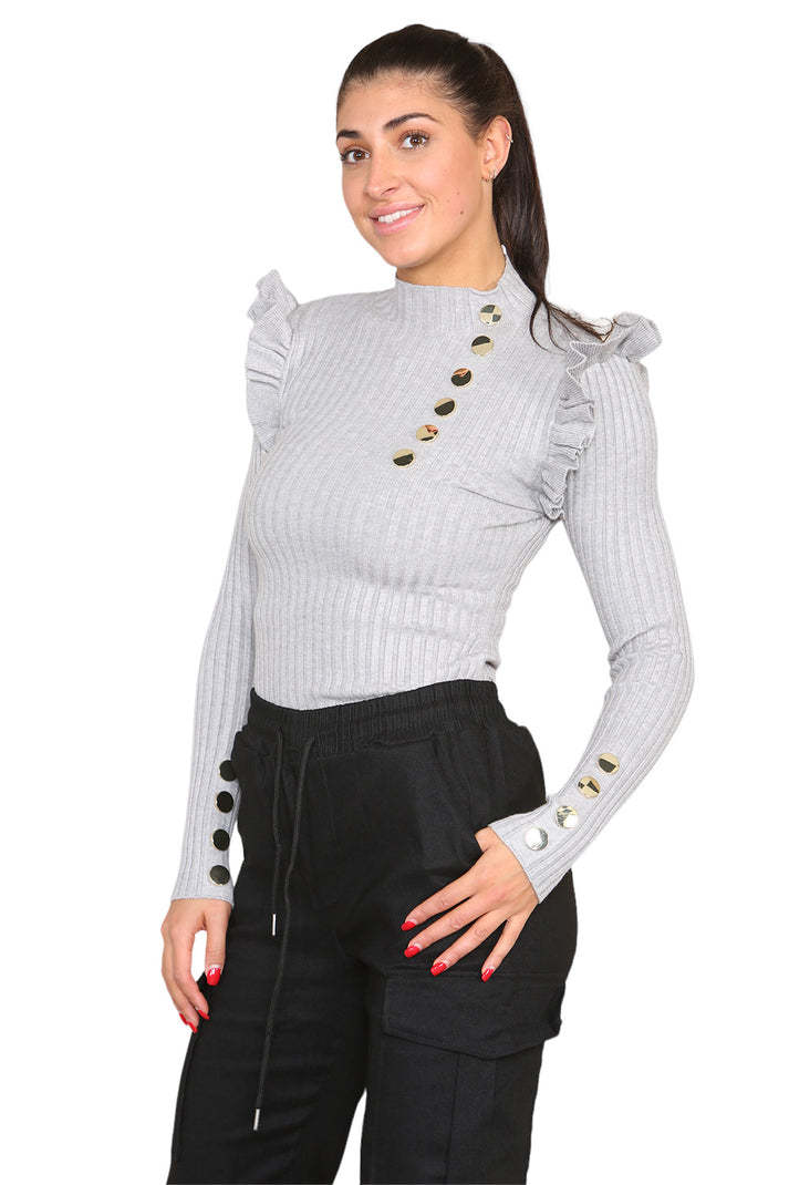 Ribbed Knit Gold Button Detail Jumper With Frill