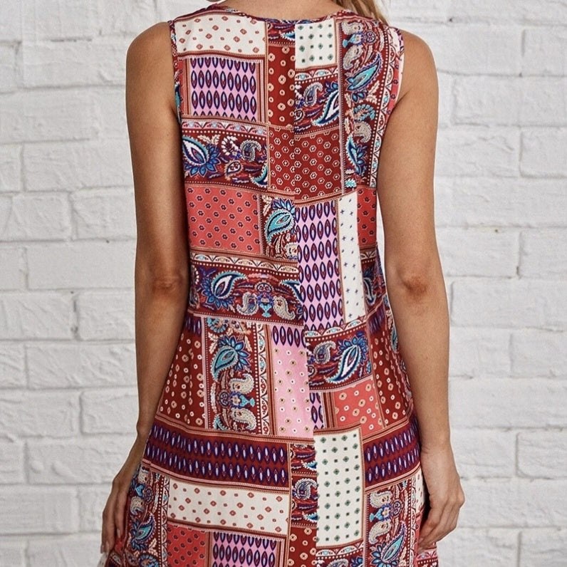 Ladies' Round Neck Patchwork Printed Off Shoulder Fashionable Sleeveless Dress