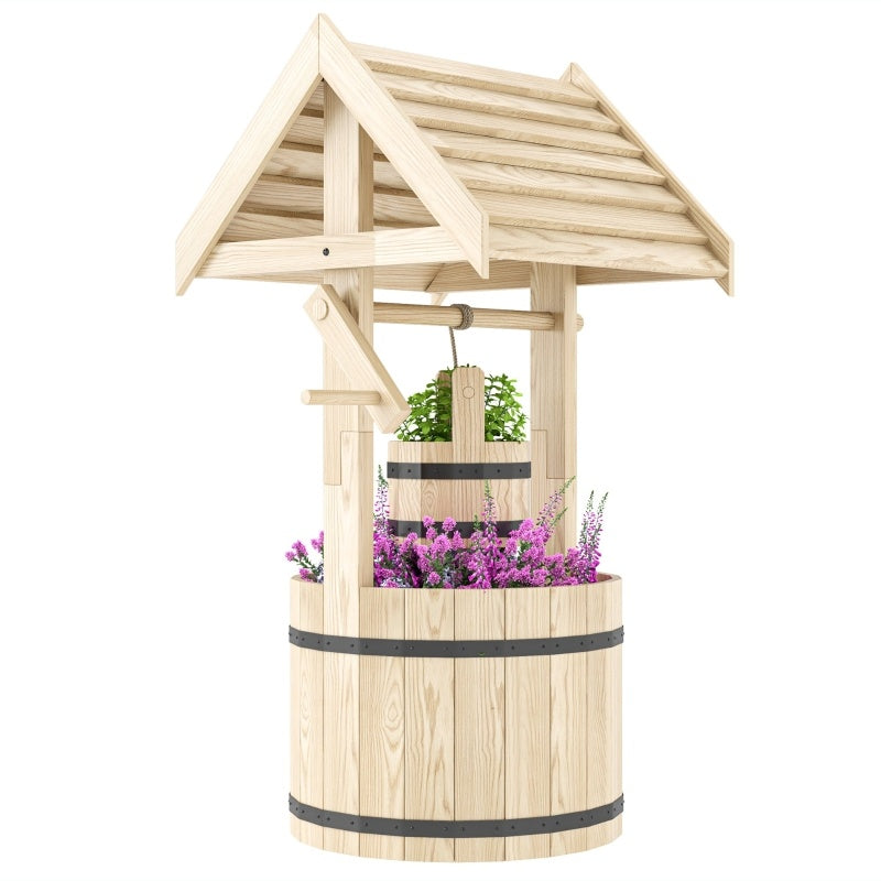 Wood Wishing Well For Outside With Hanging Bucket, Wishing Well Planter With Drain Hole For Garden Patio, Natural