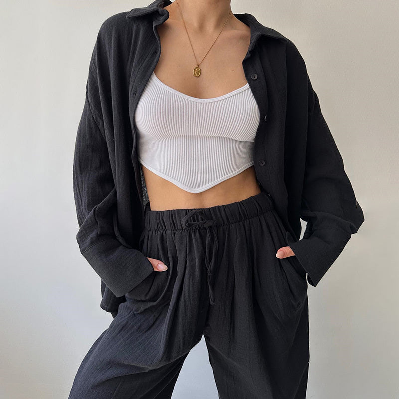 Women's Solid Color Lapel Collar Long Sleeve Shirt & High-Waist Pants Set - Casual Loose Fit Spring&Summer Outfit