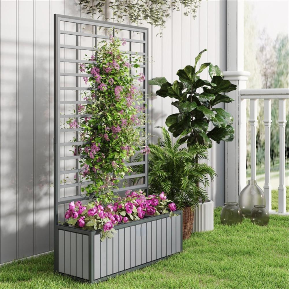 Wooden Raised Garden Bed With Trellis, Removable Pots-Gray