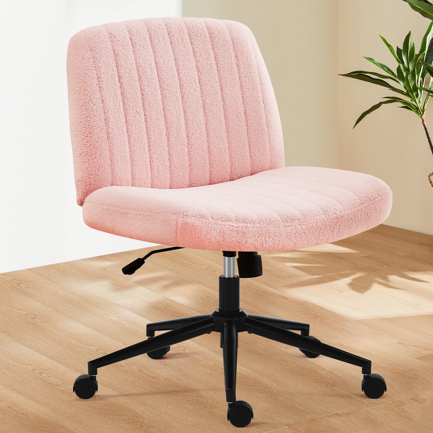 Office Desk Vanity Chair Cross Legged Armless Swivel Fabric Height Adjustable Wide Seat With Replaceable Wheels-Fixed Base, Comfy Task Chair Padded