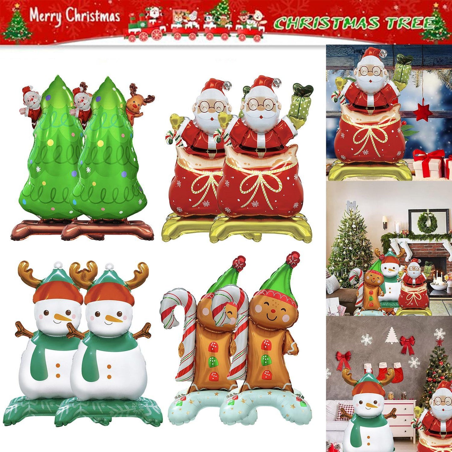 Christmas Aluminum Foil Balloon Set, Including Two Christmas Tree, Santa Claus, Snowman, Gingerbread Man Balloons