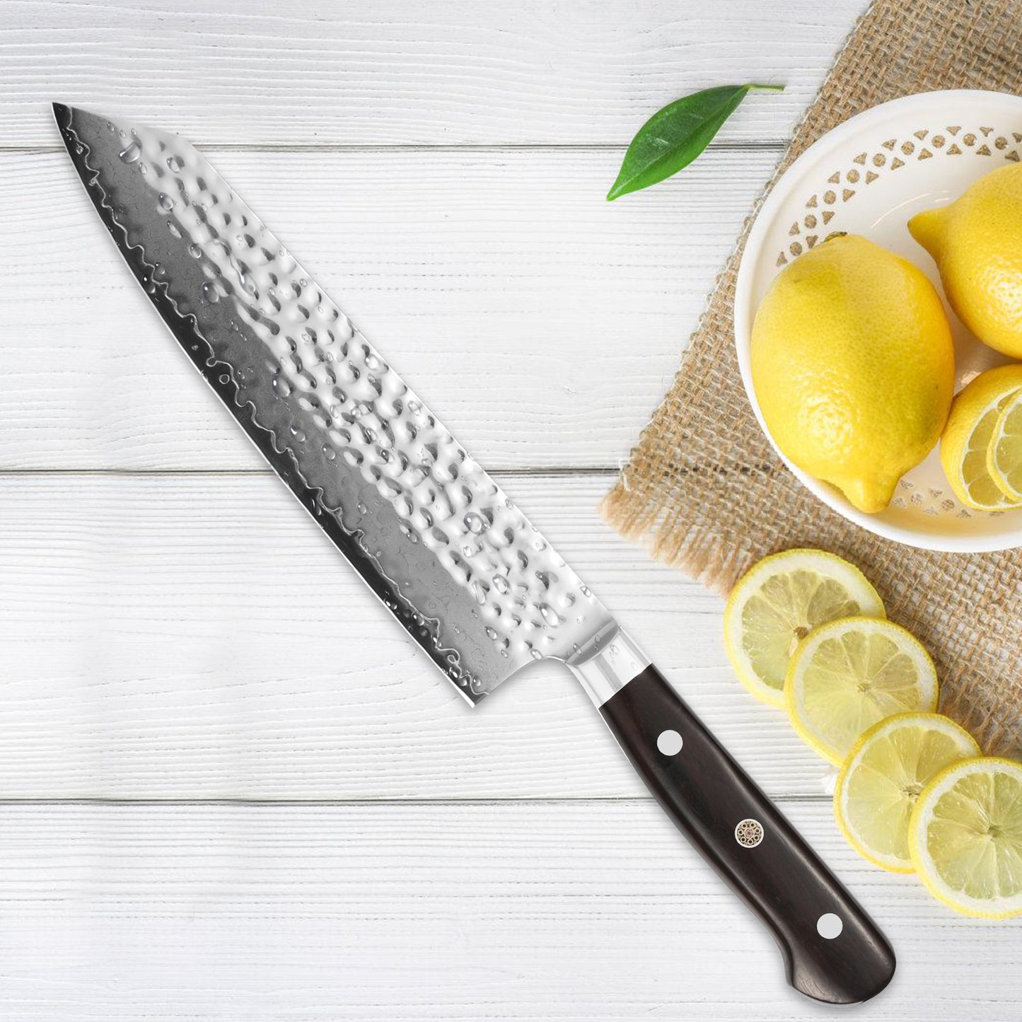 8.5 Inch Kiritsuke Knife, Professional VG10 Damascus Steel Chef Knife With Hammered Blade, Ultra Sharp Kitchen Slicing Knife With Ebony Wood Handle & Gift Box