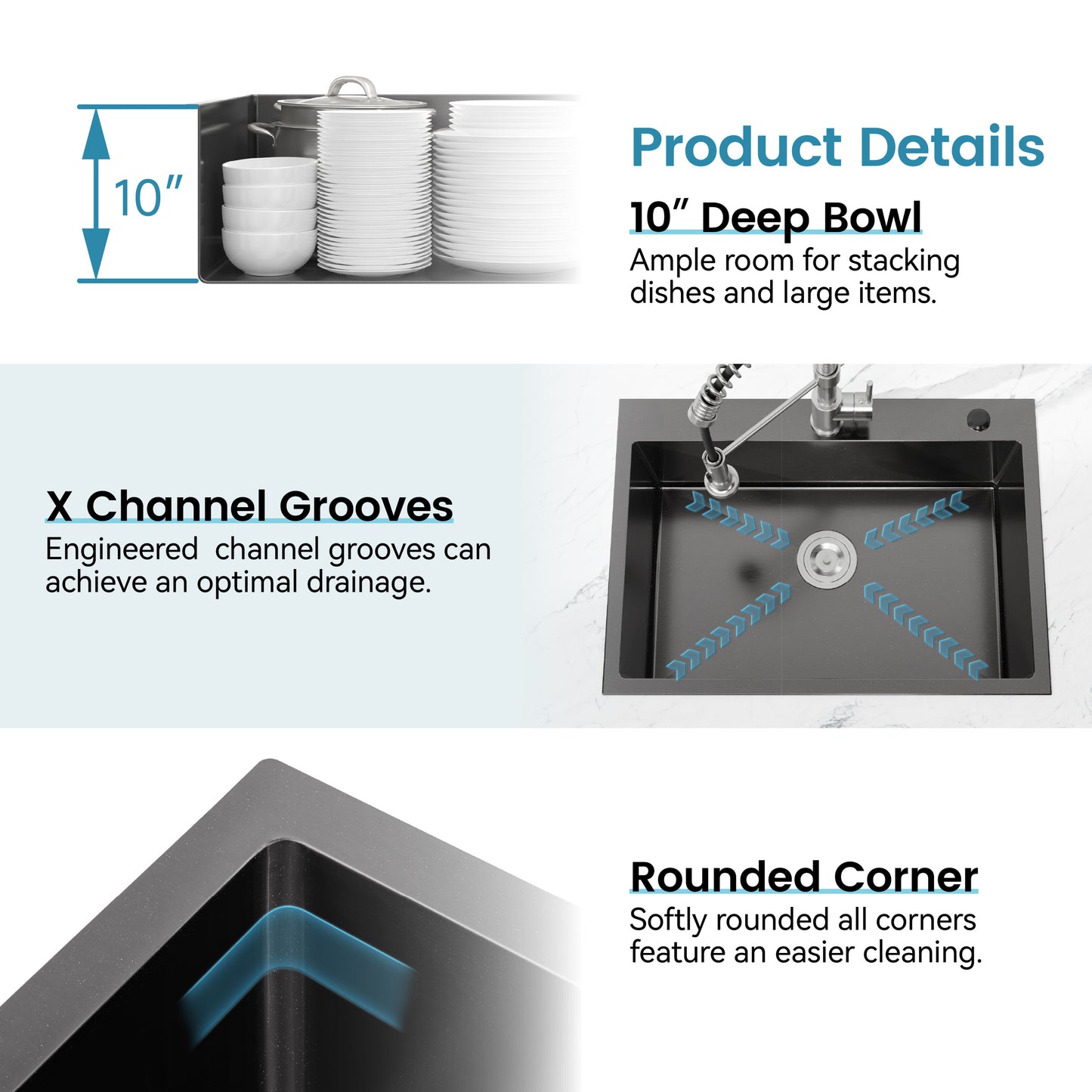 Stainless Steel Kitchen Sink, Single Bowl, Undermount Handmade Sink In Black, With US Standard Drain And Hook, LS-SSBL02