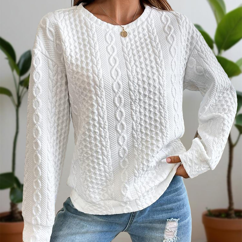 Women's Solid Color Textured Round Neck Drop Shoulder Long Sleeve Sweatshirt - Casual Loose Fit Pullover