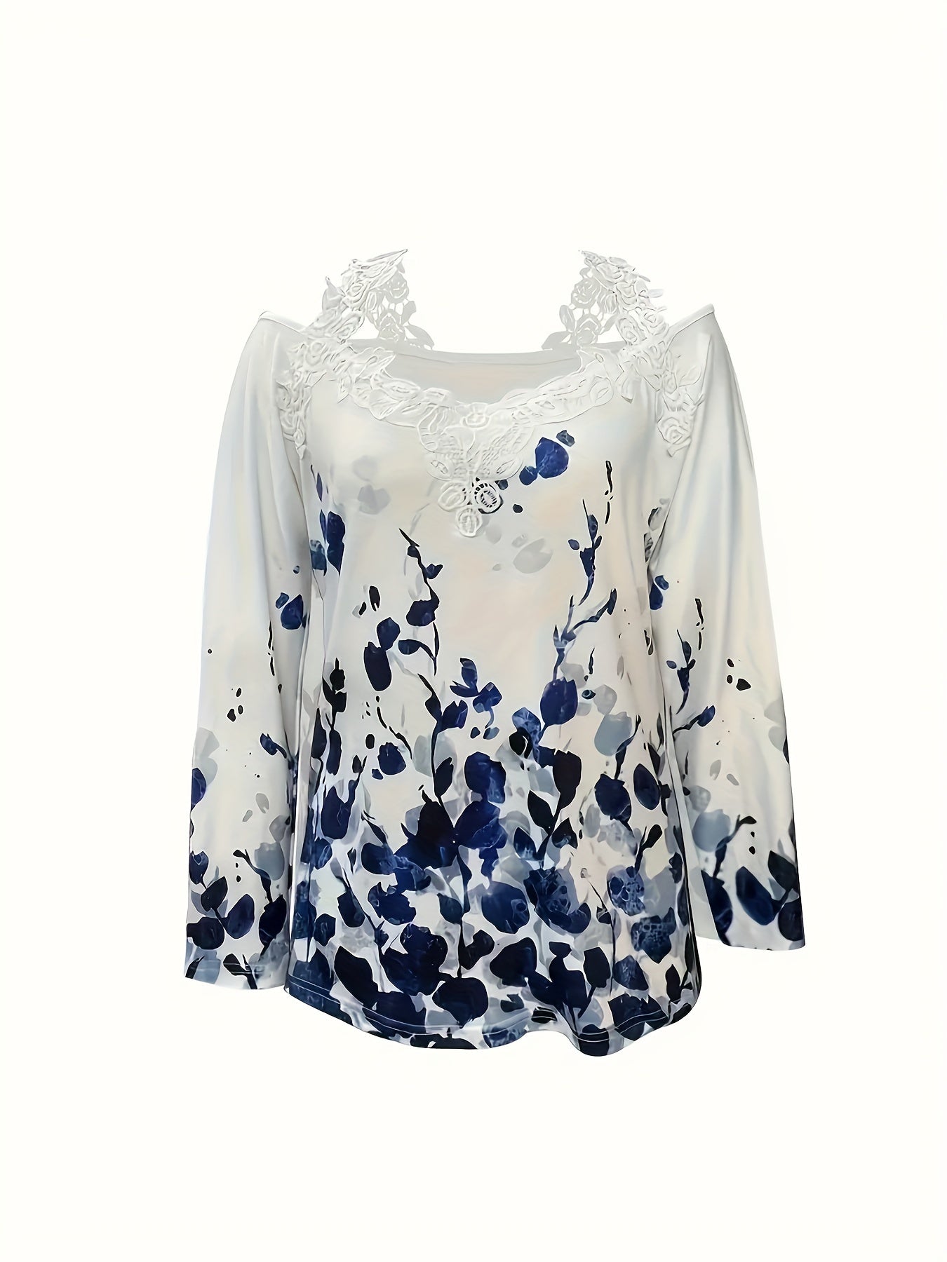 Spring And Autumn New Casual Plant Print Lace Trim Off-shoulder Long Sleeve Top