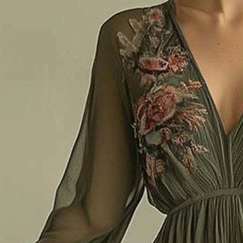 Women's Elegant V-Neck Green Floral Print A-Line Maxi Semi-Sheer Long Sleeve Spring&Summer Dress
