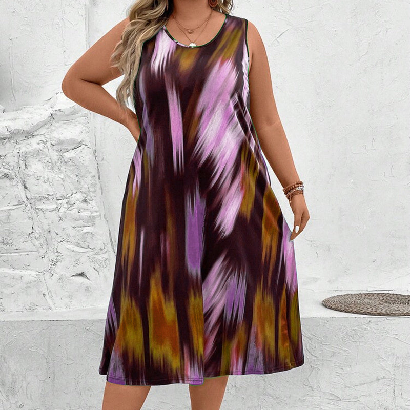 Women's Plus Size Round Neck Sleeveless Colours Print Maxi Dress - Loose Fit Long Summer Dress