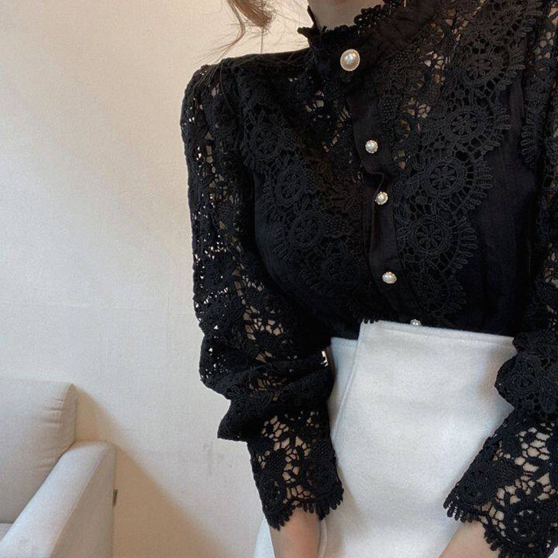 Elegant Women's Vintage Pearl Button Lace Blouse - Puff Sleeve Semi-Sheer Ruffled Stand Collar Shirt Spring&Summer Office & Vacation Top