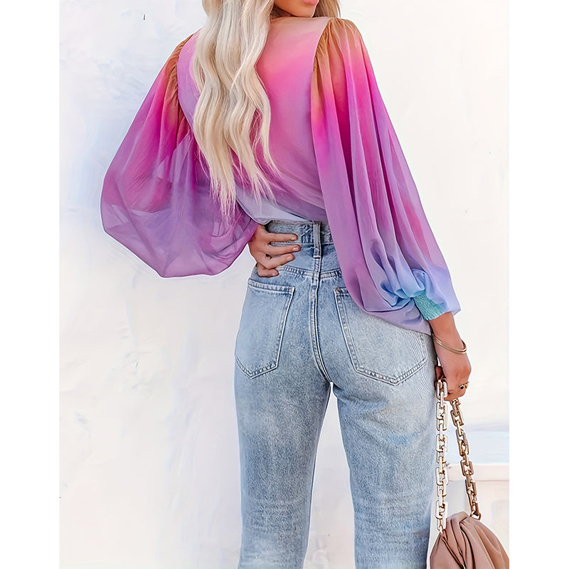 Womens V Neck Gradient Color Long Sleeve Tops 2025 Summer Casual Loose Puff Sleeve Chiffon Shirts