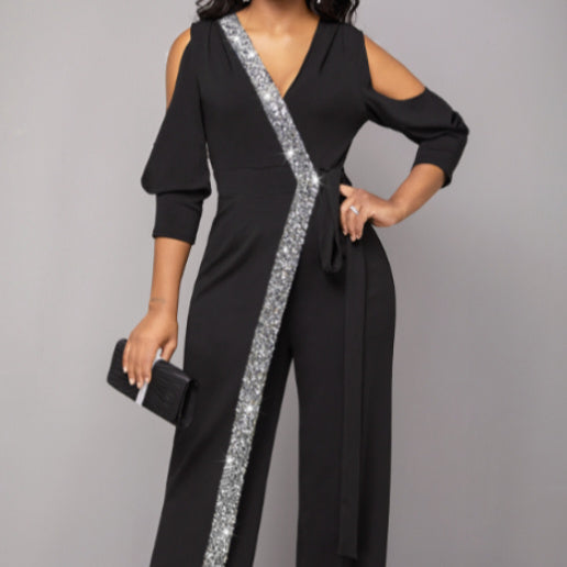 Women's Fashion Belt V-neck Long Sleeved Wide Leg Pants Jumpsuit