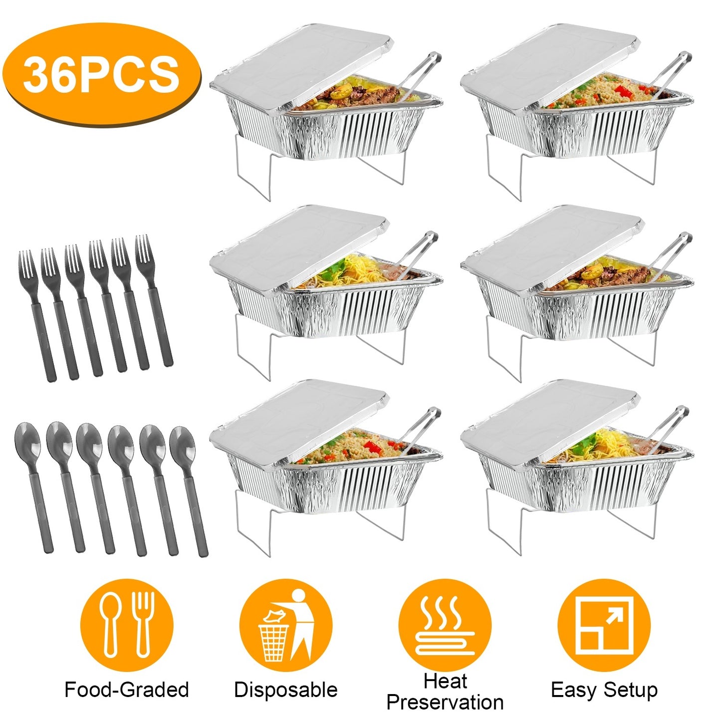 36Pcs Disposable Chafing Dish Buffet Set Food Warmers For Party Buffet Server Catering Supplies With Covers Utensils Half Size Food Pans For Parties Events BBQ Catering