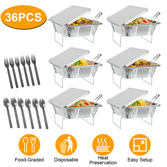 36Pcs Disposable Chafing Dish Buffet Set Food Warmers For Party Buffet Server Catering Supplies With Covers Utensils Half Size Food Pans For Parties Events BBQ Catering