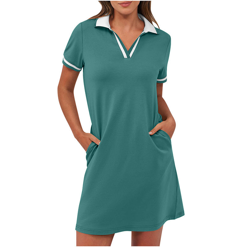 Women's Polo Dress Short Sleeve V Neck Casual Summer Mini Shirt Dress With Pockets