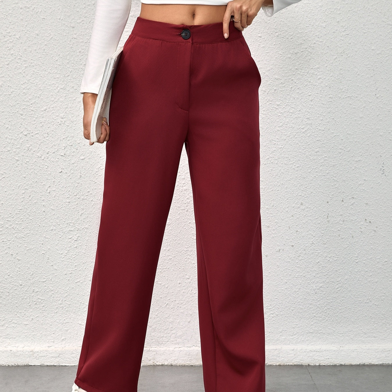 Women's Solid Color Button Free Wide Leg Straight Leg Pants