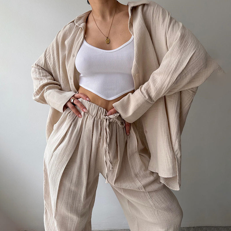 Women's Solid Color Lapel Collar Long Sleeve Shirt & High-Waist Pants Set - Casual Loose Fit Spring&Summer Outfit