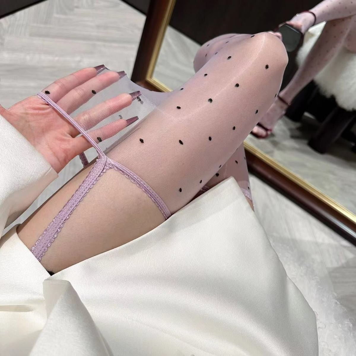 Aurora Polka Lace Shiny Suspenders Small Polka Dot Stockings