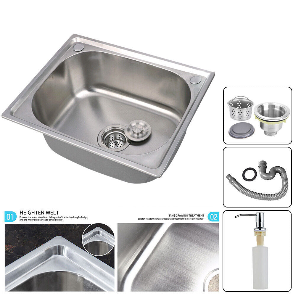 Stainless Steel Single Bowl Square Kitchen Laundry Washing Sink Plumbing Waste