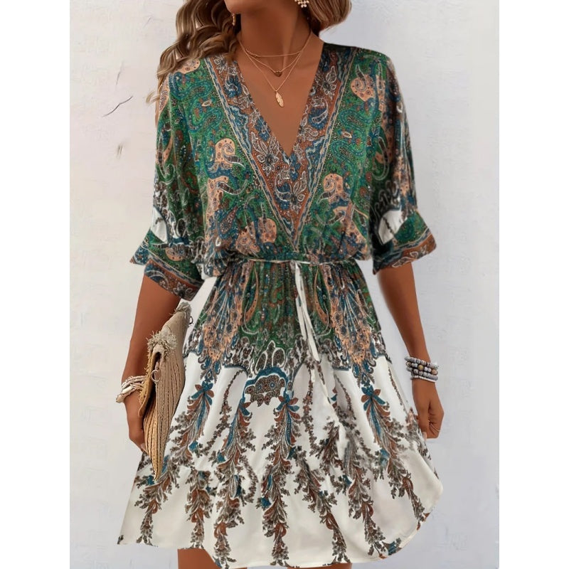 Women's Bohemian Dress V Neck Front Tie Short Sleeve Floral A Line Beach Boho Flowy Tunic Dress