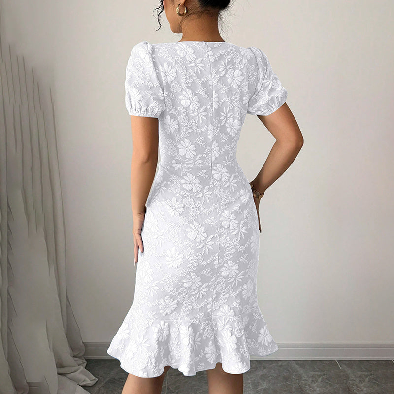 Women's Floral Jacquard Dress Women's Short Puff Sleeve Crew Neck Ruffle Hem Bodycon Dresses