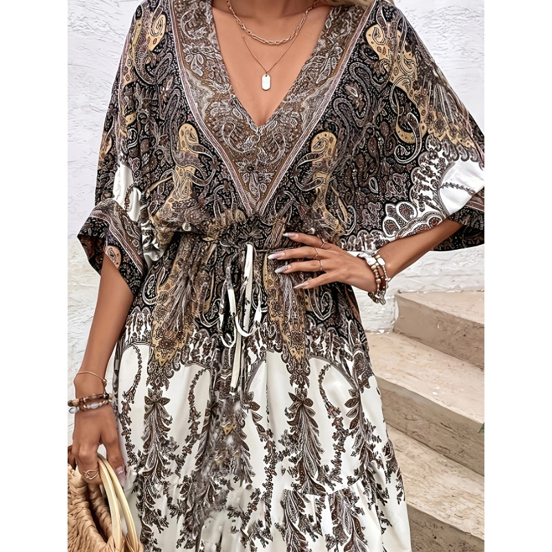 Women's Bohemian Dress V Neck Front Tie Short Sleeve Floral A Line Beach Boho Flowy Tunic Dress