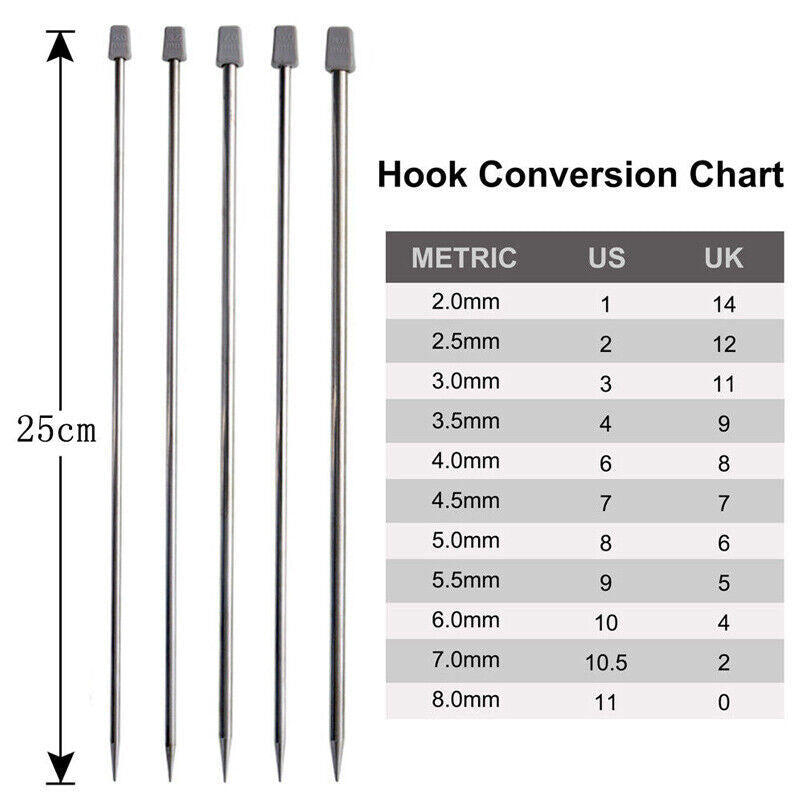 22pcs-11Pairs 25cm Single Pointed Stainless Steel Knitting Needles Set 2mm-8mm