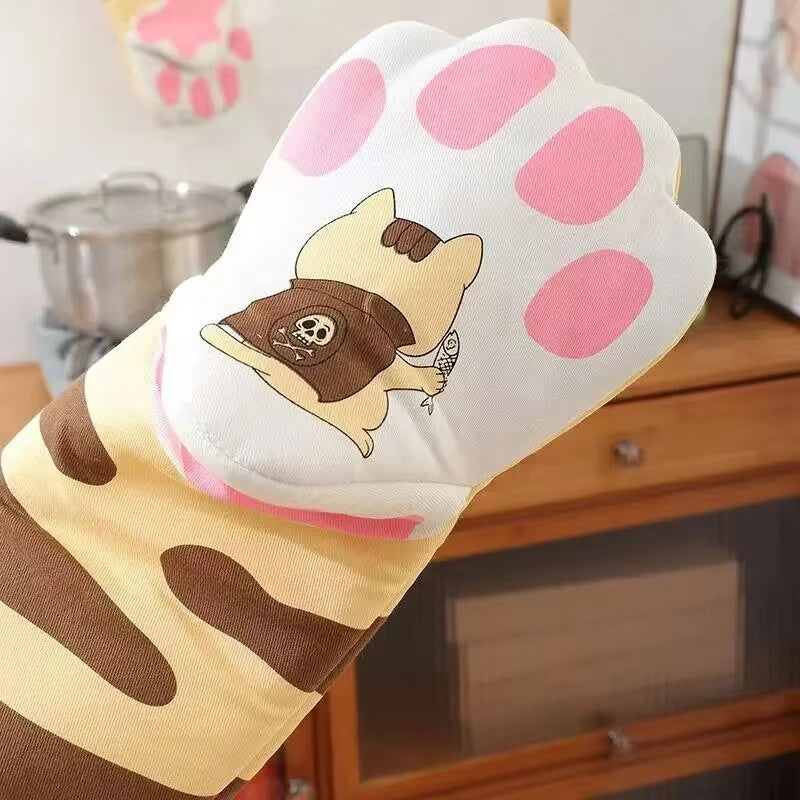 Microwave Long Cotton Gloves Cute Cat Paws Oven Insulation Gloves Heat Resistant Non-Slip Single Glove Kitchen Baking Supplies