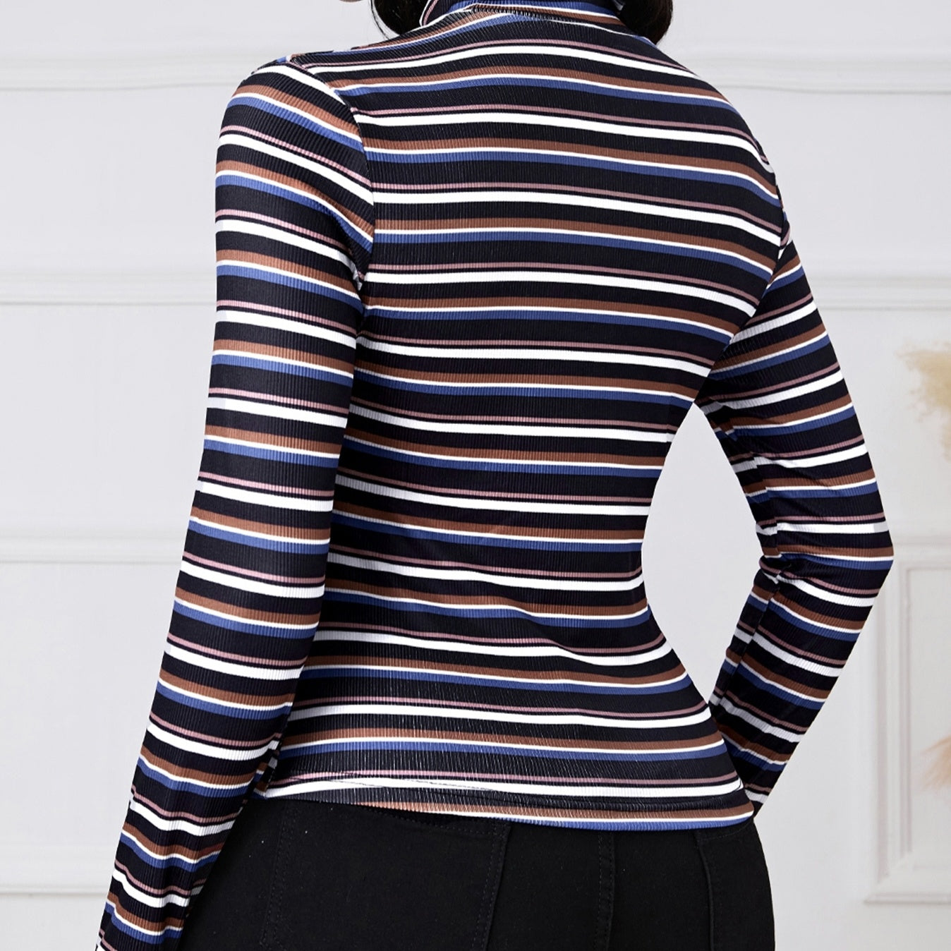 Ladies' Fashionable And Elegant Temperament Versatile Spring Multi-color Splicing Layer Long Sleeved Round Neck T-shirt Top