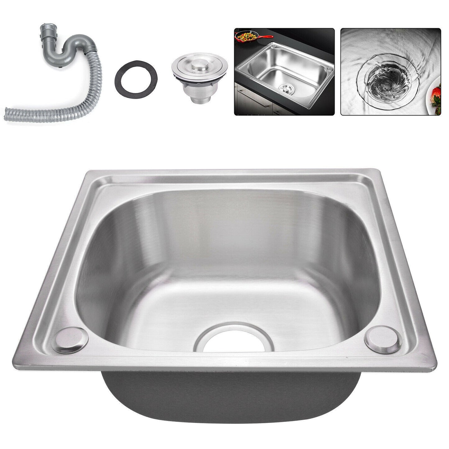 Stainless Steel Single Bowl Square Kitchen Laundry Washing Sink Plumbing Waste