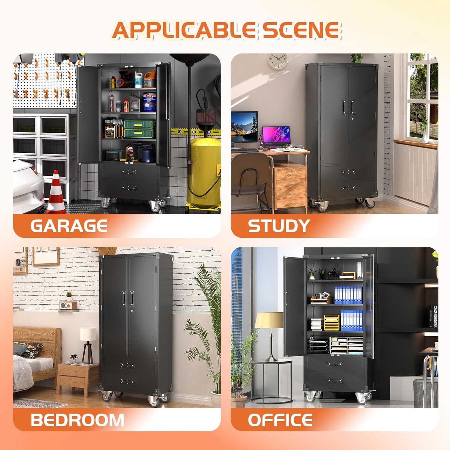 Rolling Storage Cabinet With 2 Doors And 2 Drawers, Metal Storage Cabinet With Doors And Shelves, Locking Steel Cabinet For Warehouse, Home, Office Black