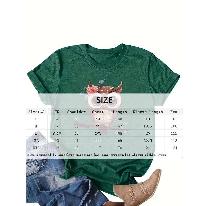 Women's Owl Print Round Neck Tee Summer Casual Top