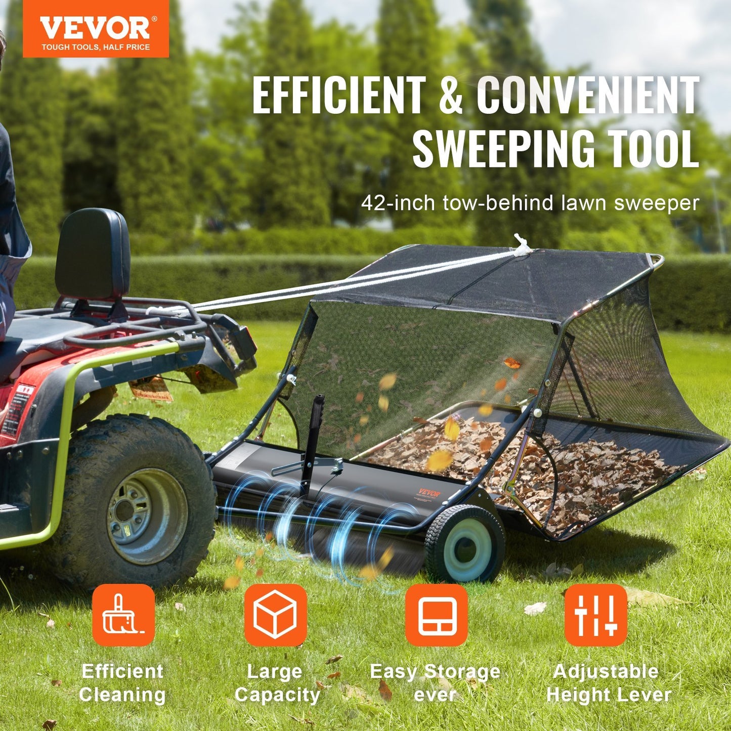 VEVOR Tow-Behind Lawn Sweeper 42-inch Leaf Yard Collector 12 Cu.ft. Adjustable