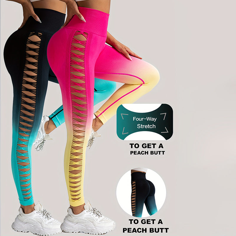 2 Pack Cut Out Ombre Gradient Color Hollow High-waist Butt-lifting Fitness Women's Yoga Pants, Women's High Waist Yoga Pants Cutout Ripped Super Soft And Comfortable Skinny