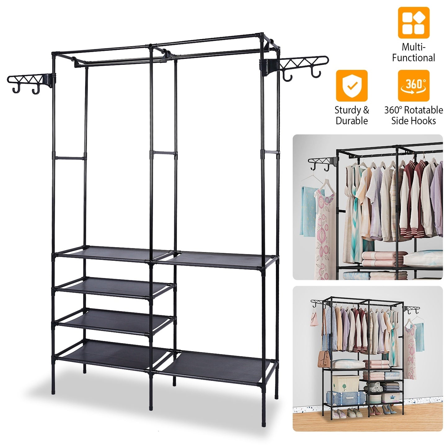 1Pc Metal Garment Rack Shoe Clothing Organizer Shelves Freestanding Multifunctional Clothes Wardrobe