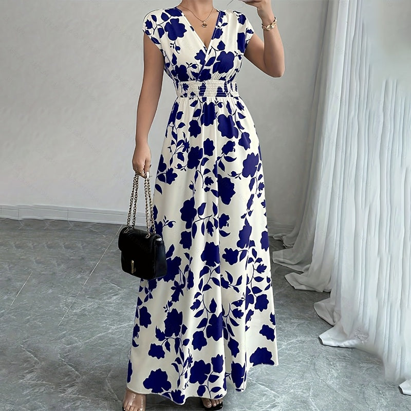 Women's Wrap V Neck Short Sleeve Empire Elastic Waist Summer Casual Elegant Maxi Long Dresses