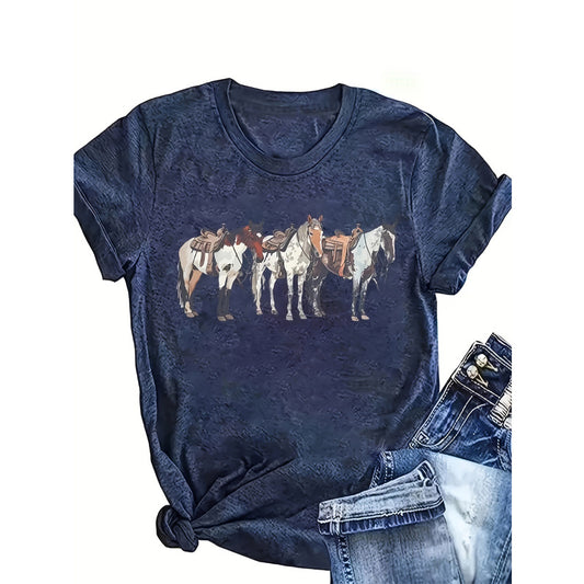 Women's Three Horses Print Round Neck Tee - Casual Summer Top