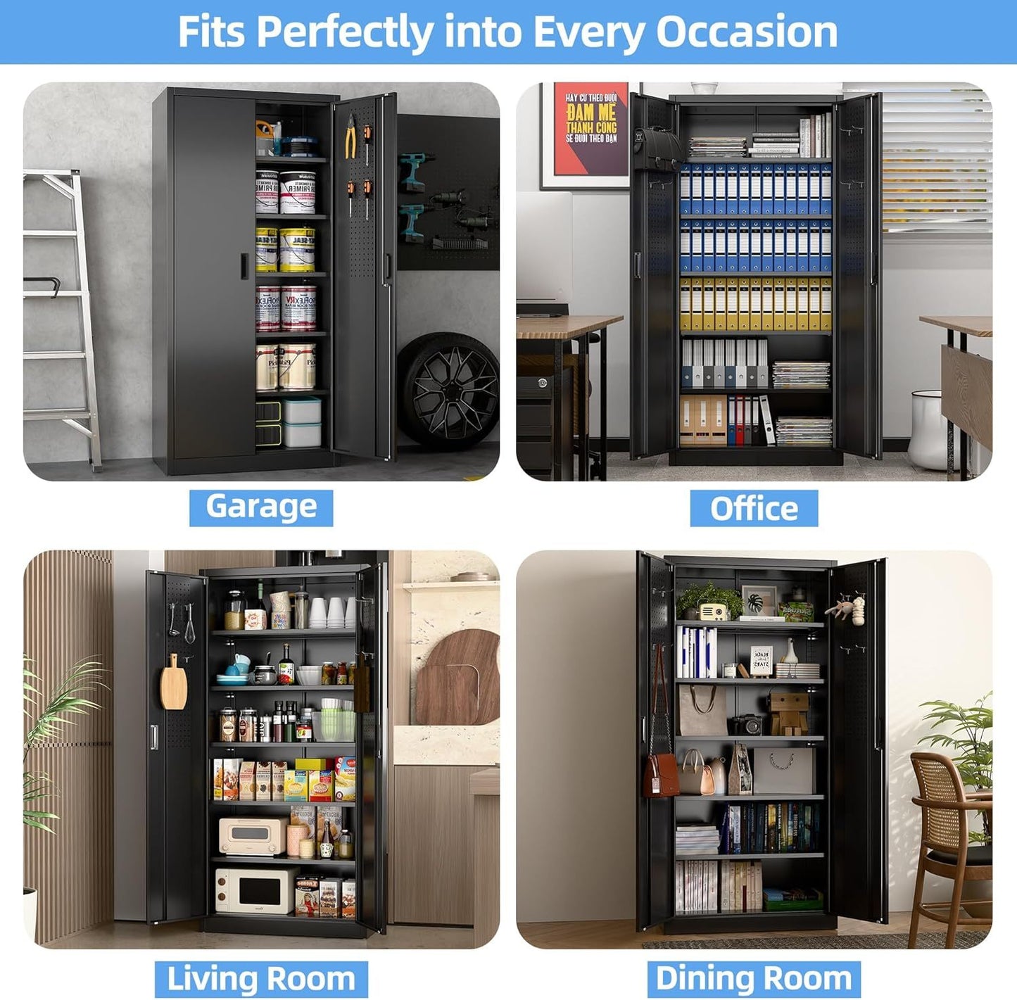 Metal Storage Cabinet With Pegboard ,Lockable Steel Storage Cabinet With 5 Adjustable Shelves And Door For Garage, Office, Kitchen, Assembly Required Black