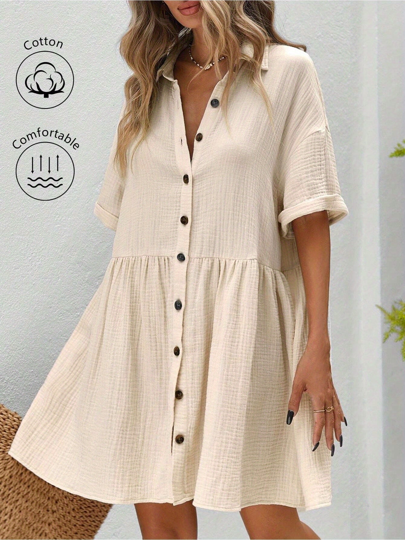 Women's Holiday Loose Solid Color Casual Summer Shirt Dress With Ruffles