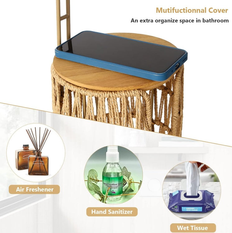 Freestanding Toilet Paper Holder With Storage,3 Rolls Of Tissue Holder For Bathroom,Handmade Woven Toilet Paper Roll Holder Stand