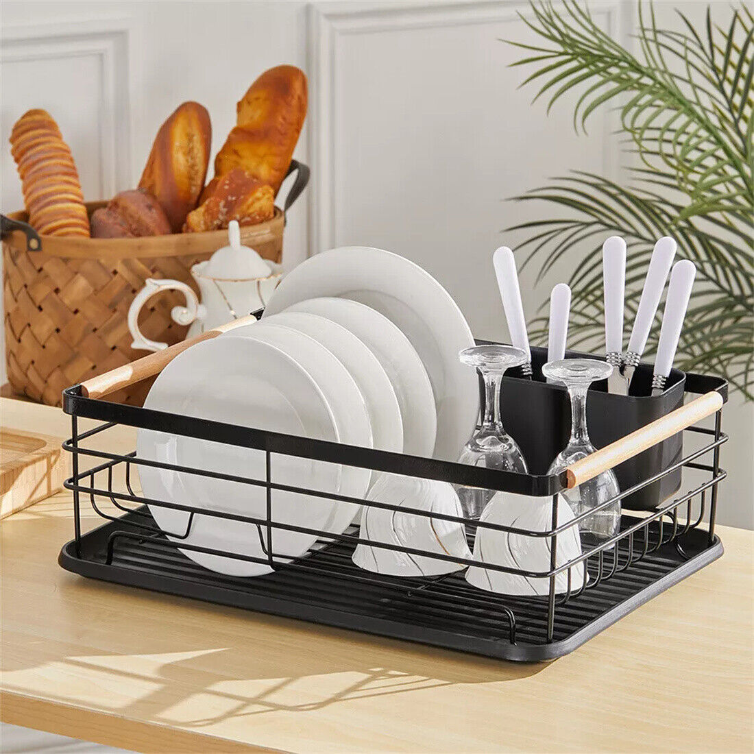 Black Large Dish Drainer Rack With Drip Tray Cutlery Holder Plate Kitchen SinK