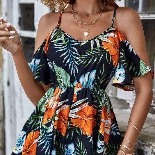 Ladies' Camisole, Off Shoulder, Hanging Pleats, Lotus Leaf Sleeves, Floral Tropical Print, Vacation Style Jumpsuit