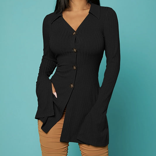 Ladies' V-neck Solid Color Button Slit Elegant Ribbed Knit Shirt Top