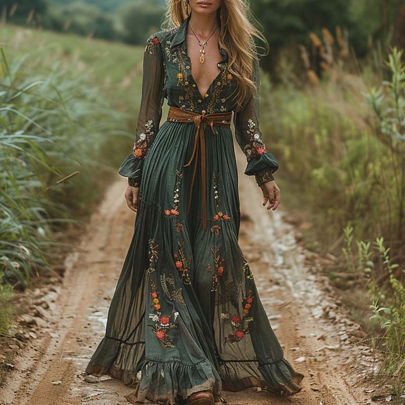 Fashion Fall Maxi Dress For Women Bohemian Retro Floral Print Sheer Sleeve Long Flowy Shirt Dress, Belt Not Included