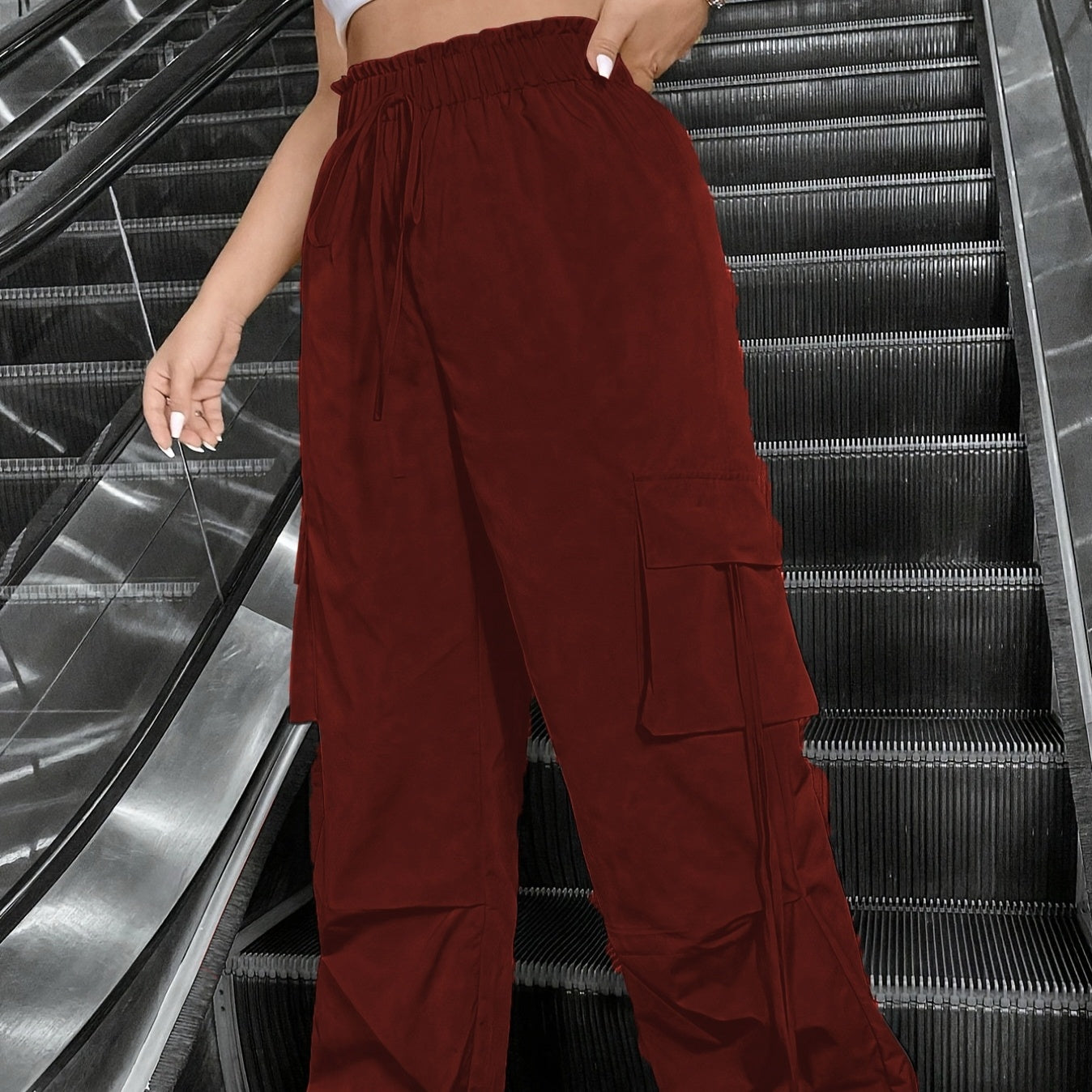 Women's New Fashionable Solid Color Drawstring Work Pants For Daily Wear, Long Pants