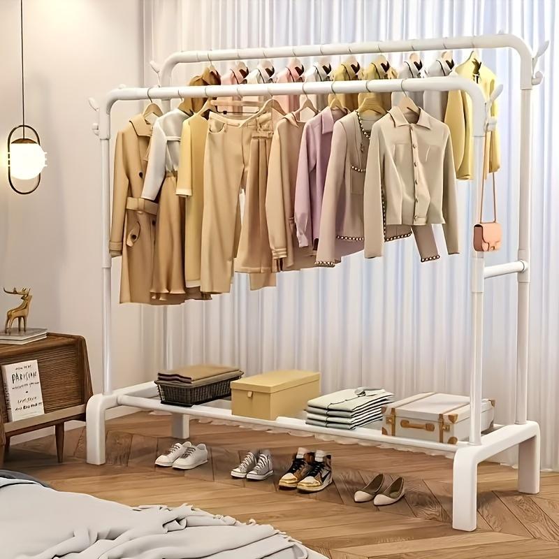 Multifunctional Double Pole Clothes Drying Rack, Double Row Metal Material, Portable Black And White Iron Art, Wardrobe Organization, Retail Display, Suitable For Bedside