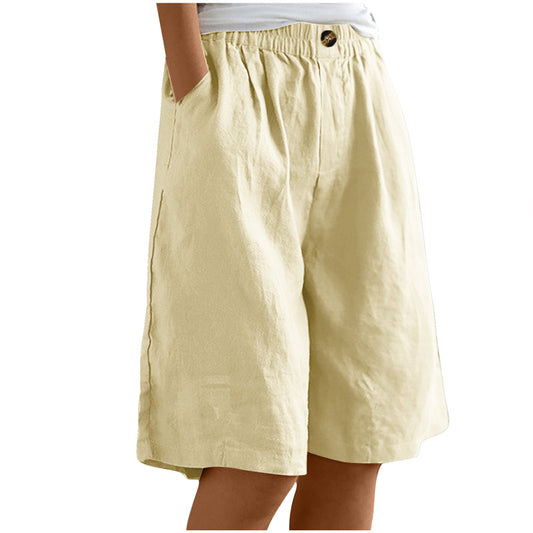 Women's Casual High Waist Loose Fit Solid Color Shorts - Button & Elastic Waist With Pockets, Comfortable Summer Shorts