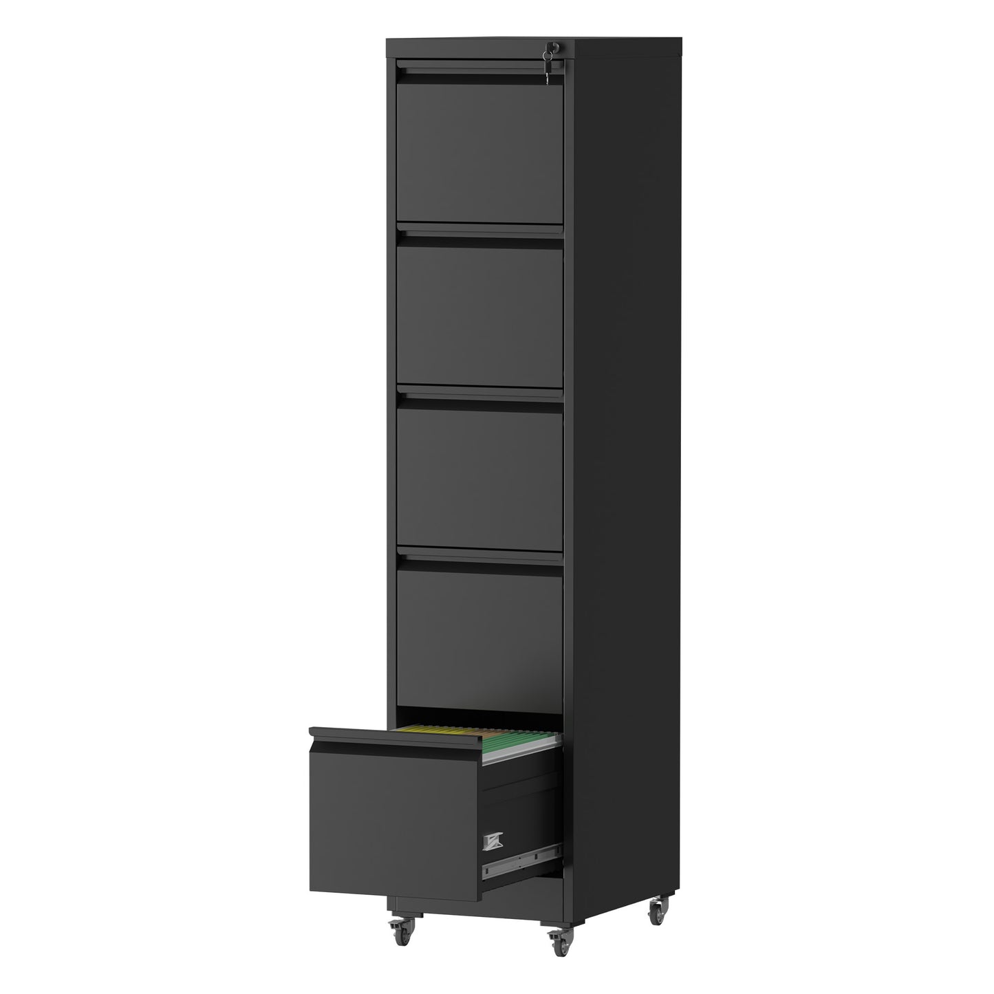 5 Drawer Metal Vertical File Cabinet With Lock On Wheels For Home Office,Heavy Duty Metal Storage Cabinet For A4 Letter Legal Size Files, Black